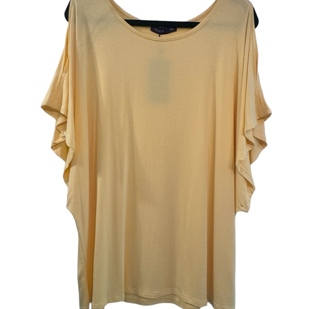 Doublju Yellow Cold Shoulder Flutter Sleeve Women's Top